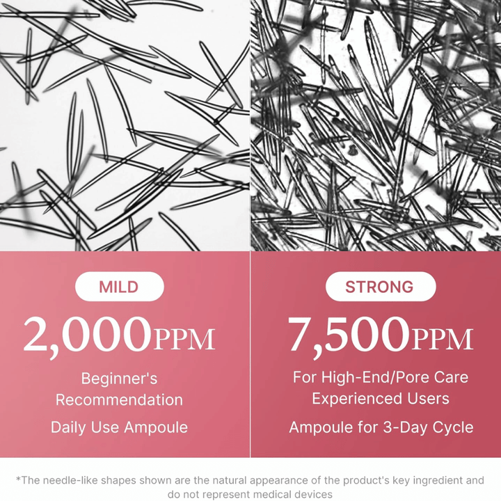 Comparación entre dos concentraciones de Medicube PDRN Pink Collagen Exosome Shot. La imagen muestra 2.000 ppm para uso diario y principiantes, y 7.500 ppm para usuarios experimentados con enfoque en el cuidado de los poros y el cuidado intensivo de la piel.