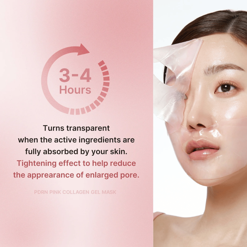 Medicube PDRN Pink Collagen Gel Mask con instrucciones para llevar la mascarilla durante 3-4 horas hasta que se vuelva transparente. La mascarilla absorbe ingredientes activos y tensa la piel para reducir los poros visibles.