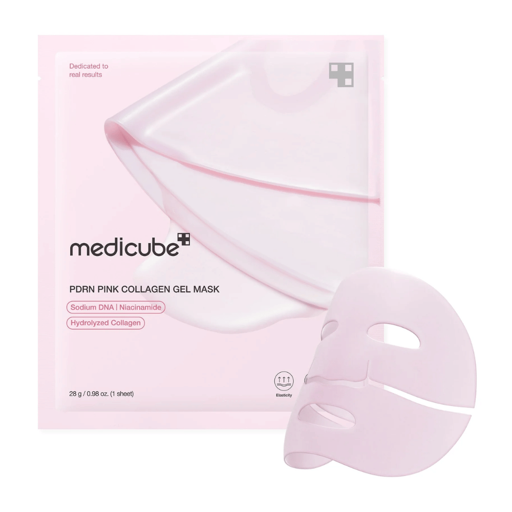 Un paquete de color rosa claro de medicube PDRN Pink Collagen Gel Mask con una mascarilla de gel transparente al lado. Contiene ingredientes como Sodio ADN, Niacinamida y Colágeno Hidrolizado para elasticidad e hidratación.