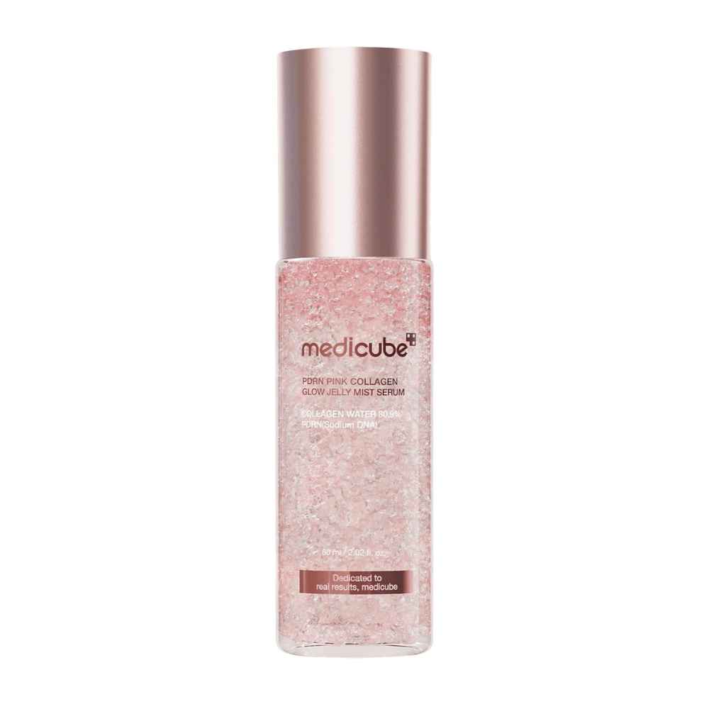 6. Medicube PDRN Pink Collagen Glow Jelly Mist Serum 60 ml – bruma facial hidratante rosa con colágeno y PDRN sobre fondo blanco