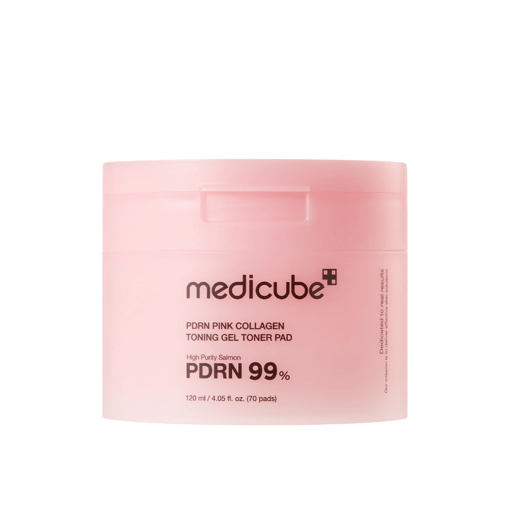 Medicube PDRN Pink Collagen Toning Gel Toner Pad en tarro rosa con texto que muestra 99 % de contenido de PDRN y 120 ml, diseñado para mejorar la firmeza y el brillo de la piel.
