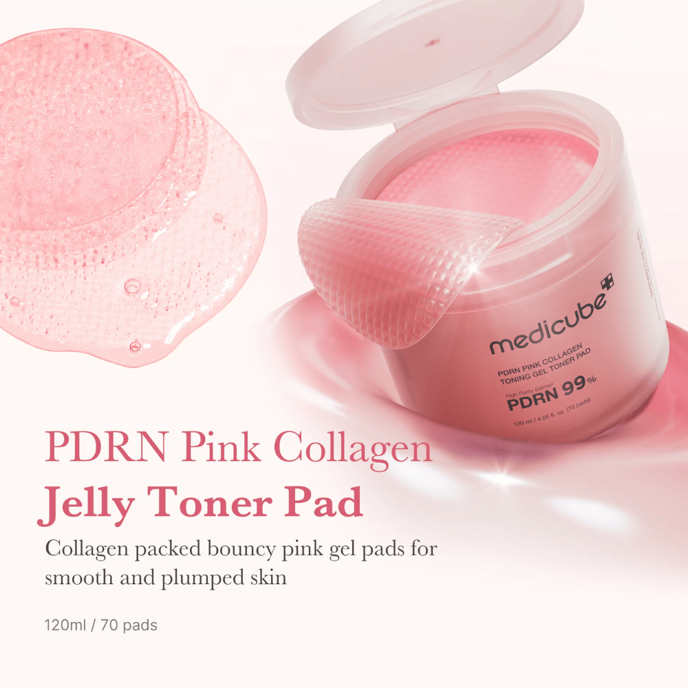 Tarro abierto con Medicube PDRN Pink Collagen Jelly Toner Pads, con una almohadilla de gel rosa elevada y texto que describe el contenido de colágeno para una piel suave e hidratada.