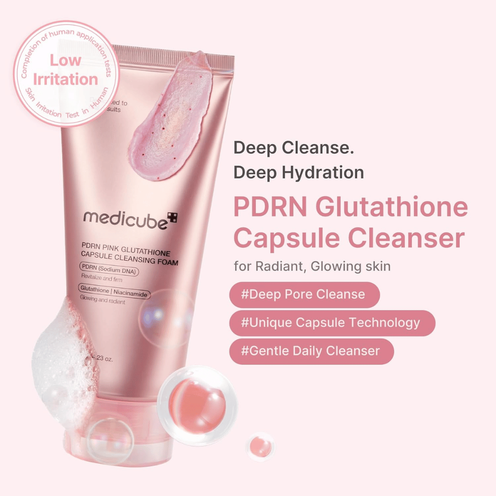 Medicube PDRN Pink Glutathione Capsule Cleansing Foam de baja irritación para la limpieza diaria y una piel más clara con un brillo natural