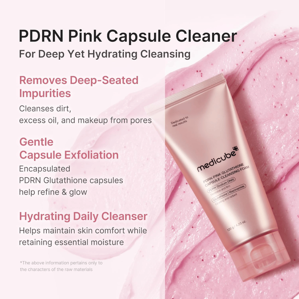 Medicube PDRN Pink Glutathione Capsule Cleansing Foam que elimina la suciedad, el sebo y el maquillaje mientras hidrata la piel