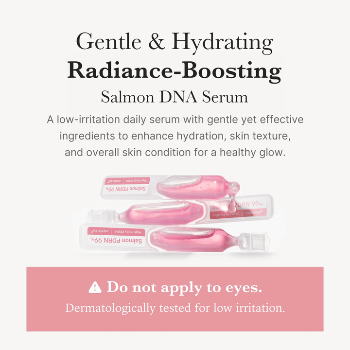 Medicube PDRN Pink One Day Serum en formato de ampolla. La imagen describe un sérum hidratante con ADN de salmón (PDRN) que ha sido probado dermatológicamente para baja irritación y desarrollado para uso diario.