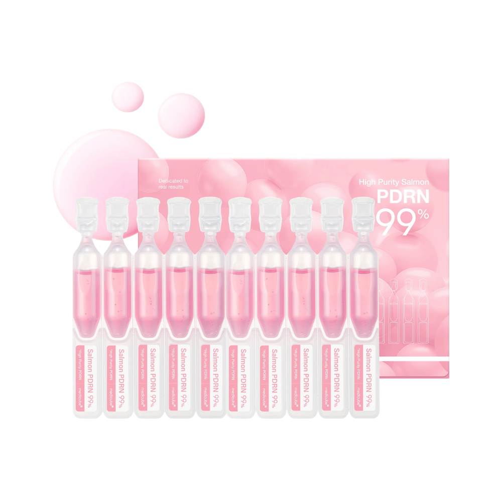 Medicube PDRN Pink One Day Serum Set con diez ampollas individuales y empaque del producto. El set contiene sérum con 99 % de PDRN de salmón altamente refinado para hidratación, luminosidad y cuidado diario de la piel.