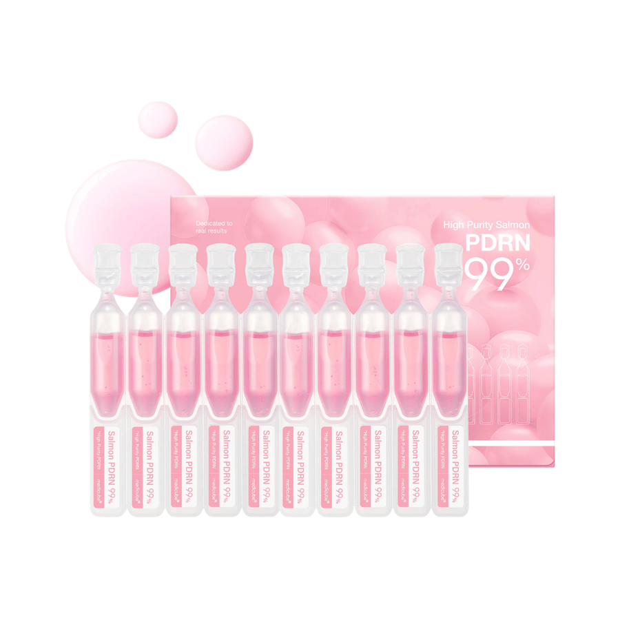Medicube PDRN Pink One Day Serum Set con diez ampollas individuales y empaque del producto. El set contiene sérum con 99 % de PDRN de salmón altamente refinado para hidratación, luminosidad y cuidado diario de la piel.