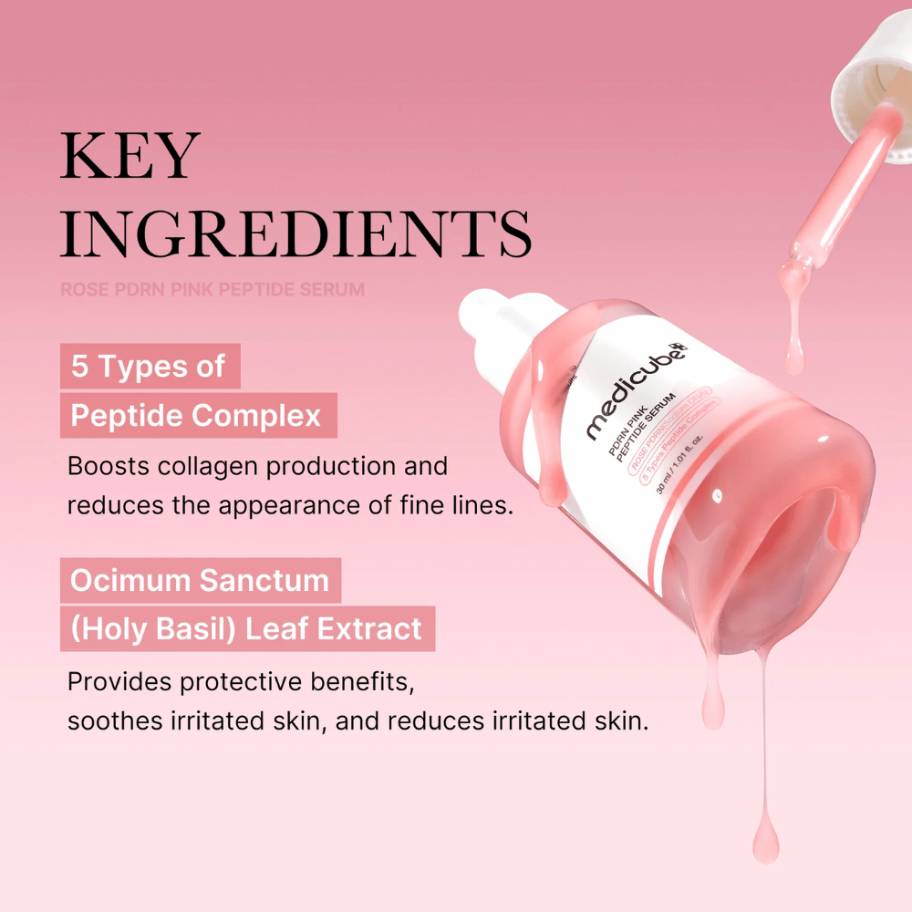 Medicube Rose PDRN Pink Peptide Serum – Suero nutritivo para una piel más firme y calmada.

💖 5 tipos de complejo peptídico – Estimula la producción de colágeno y reduce las líneas finas.
🌿 Extracto de Ocimum Sanctum (Albahaca Sagrada) – Protege, calma y reduce la irritación.

¡Perfecto para una piel más uniforme, hidratada y radiante!