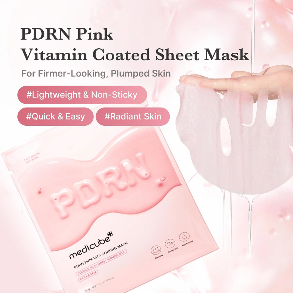 Imagen del producto con mascarilla y envase: enfoque en la Sheet mask hidratante con una sensación ligera y no pegajosa.