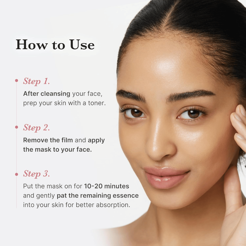 Imagen instructiva con modelo: paso a paso de cómo usar la mascarilla sheet (limpieza, aplicación, dejar actuar 10–20 min).