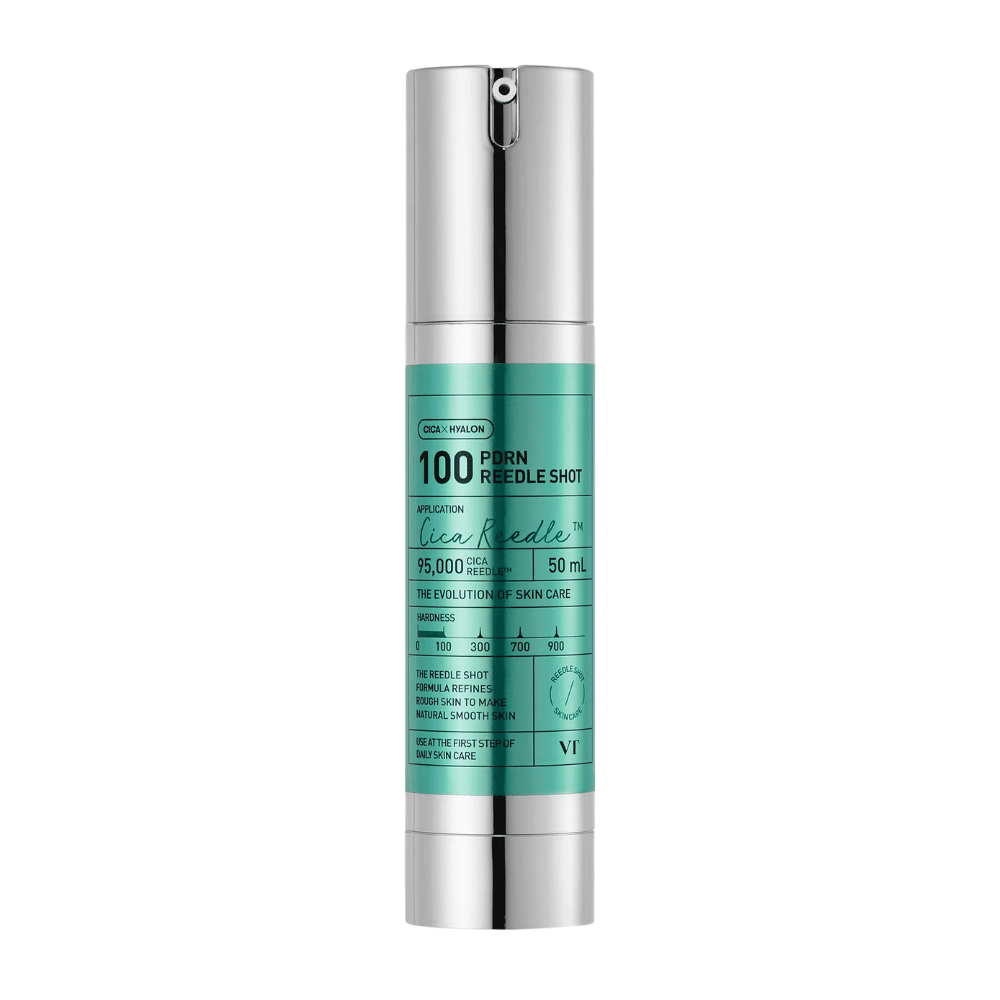 VT Cosmetics PDRN Reedle Shot 100 botella de diseño minimalista y fórmula activa para mejorar la textura, luminosidad y elasticidad de la piel