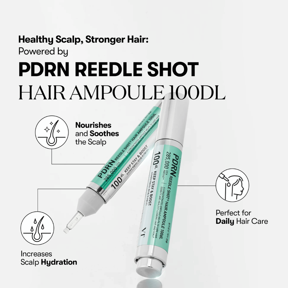 Presentación del producto de PDRN Reedle Shot Hair Ampoule 100dL con enfoque en beneficios como efecto calmante, mayor hidratación del cuero cabelludo y cuidado diario del cabello.