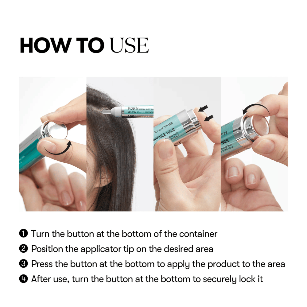 Imagen paso a paso que muestra cómo PDRN Reedle Shot Hair Ampoule 100dL se aplica en el cuero cabelludo con función de giro y presión para una dosificación precisa e higiénica.