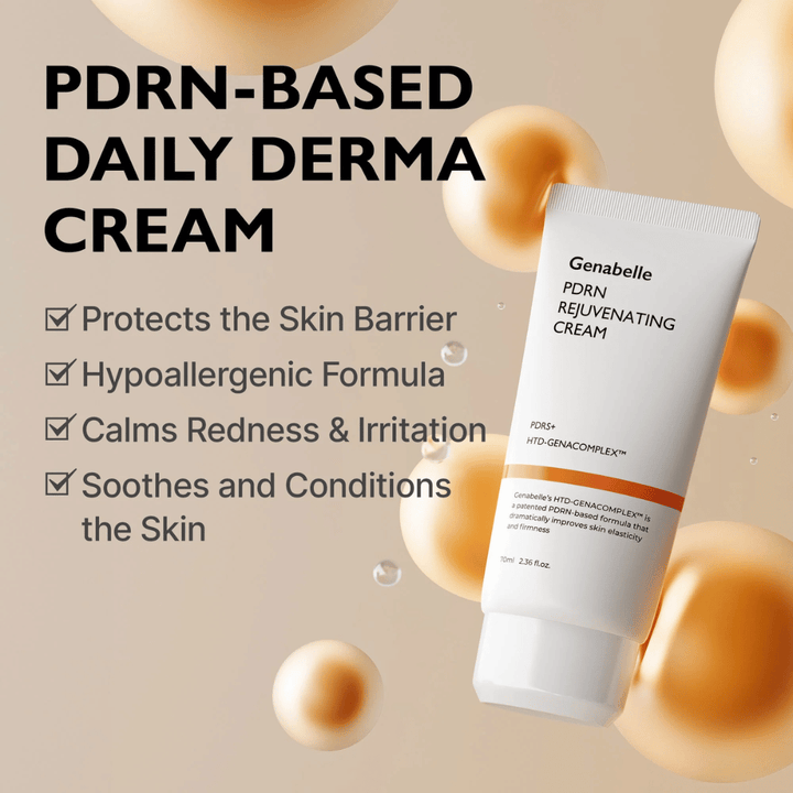 Genabelle PDRN Rejuvenating Cream rodeado de esferas doradas que simbolizan la tecnología PDRN. La imagen destaca las propiedades de refuerzo de la barrera cutánea, el efecto calmante y una fórmula hipoalergénica para uso diario.