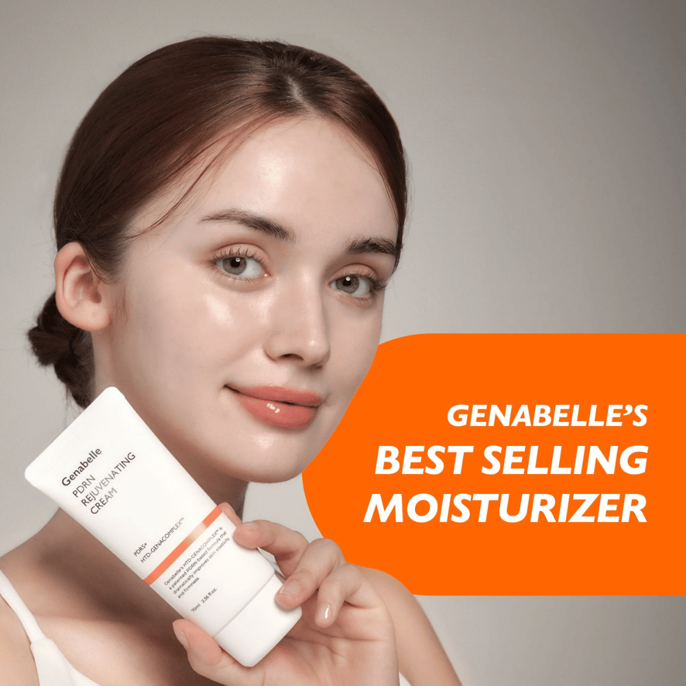 Una persona sostiene Genabelle PDRN Rejuvenating Cream frente a la cámara. La imagen resalta el producto como una crema facial superventas con enfoque en la hidratación, la renovación de la piel y una piel fresca y radiante.