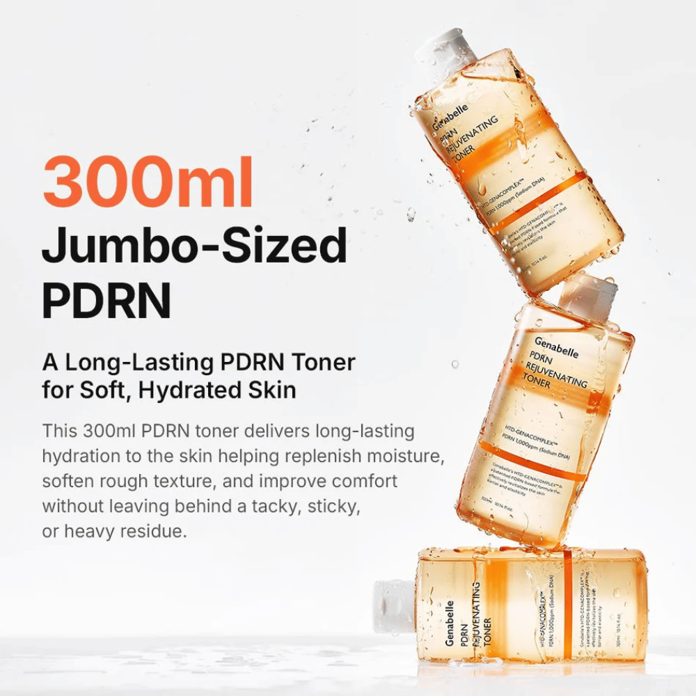 Genabelle PDRN Rejuvenating Toner 300 ml con PDRN que proporciona una hidratación duradera, una piel más suave y una sensación fresca en la piel sin dejar residuos pegajosos.
