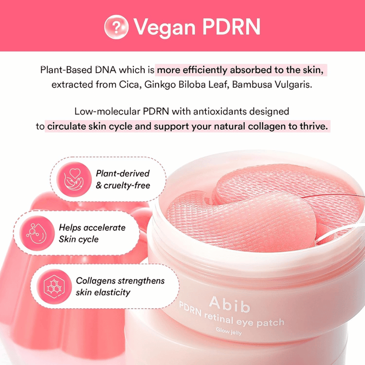 Abib PDRN Retinal Eye Patch Glow Jelly con PDRN vegano de extractos vegetales que fortalece la elasticidad de la piel, potencia el colágeno y mejora la estructura de la piel.