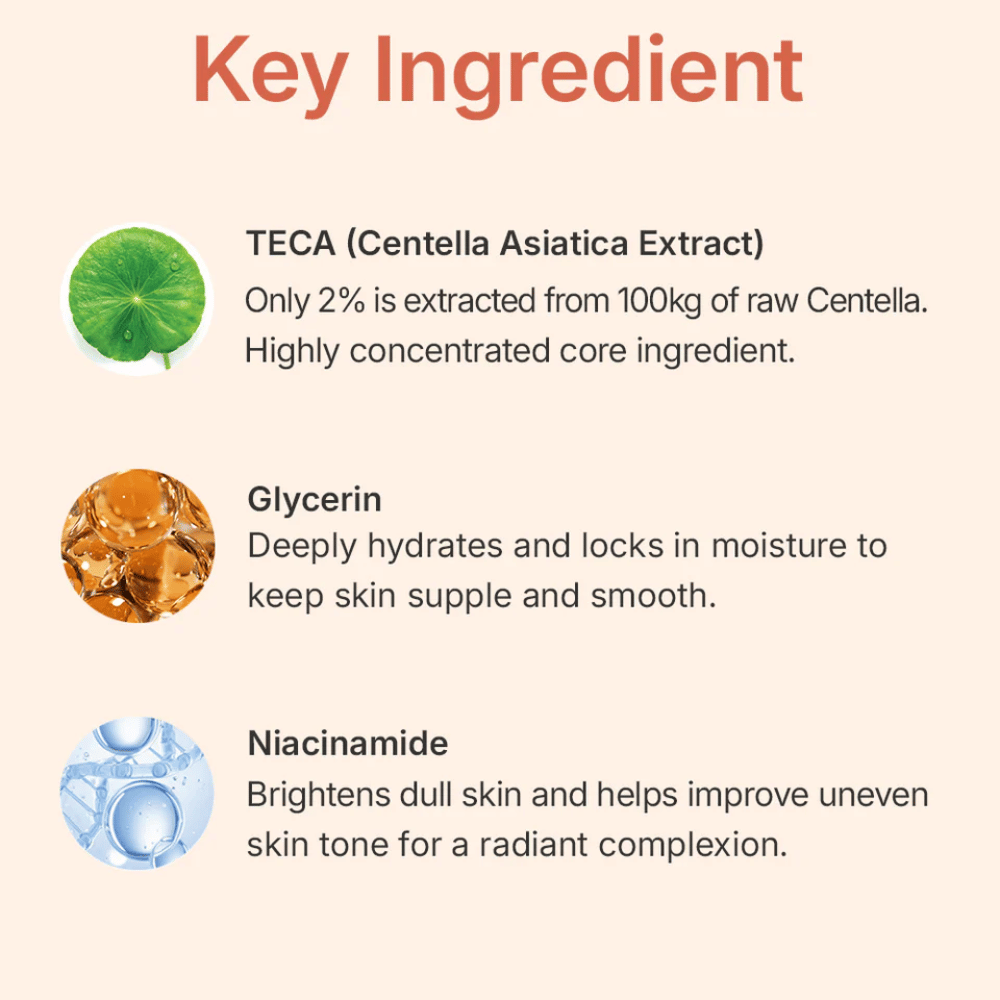 MADECA LAB PDRN Glow Gel Mask ingredientes principales – TECA de Centella Asiatica, glicerina y niacinamida que calman la piel, hidratan en profundidad y mejoran el tono de la piel.