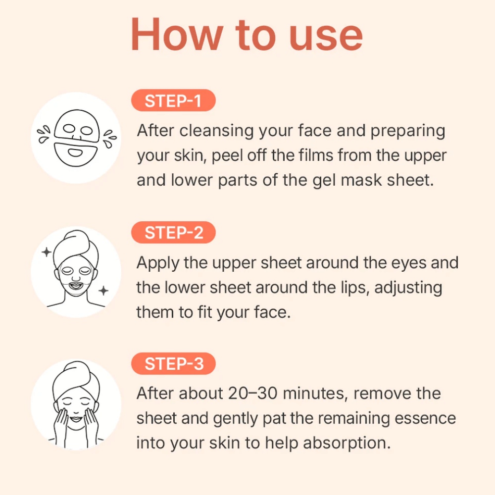 MADECA LAB PDRN Skin Tightening Glow Gel Mask – instrucciones para el uso de la mascarilla de gel en tres pasos para una absorción óptima, reafirmación e hidratación de la piel.