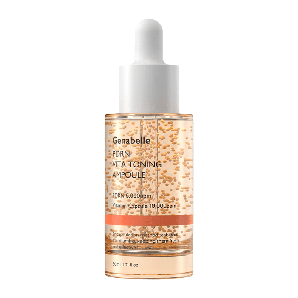 Imagen de producto recortada de Genabelle PDRN Vita Toning Ampoule en frasco de vidrio transparente con tapas de gotero blancas y cápsulas de vitaminas visibles en la fórmula del sérum.
