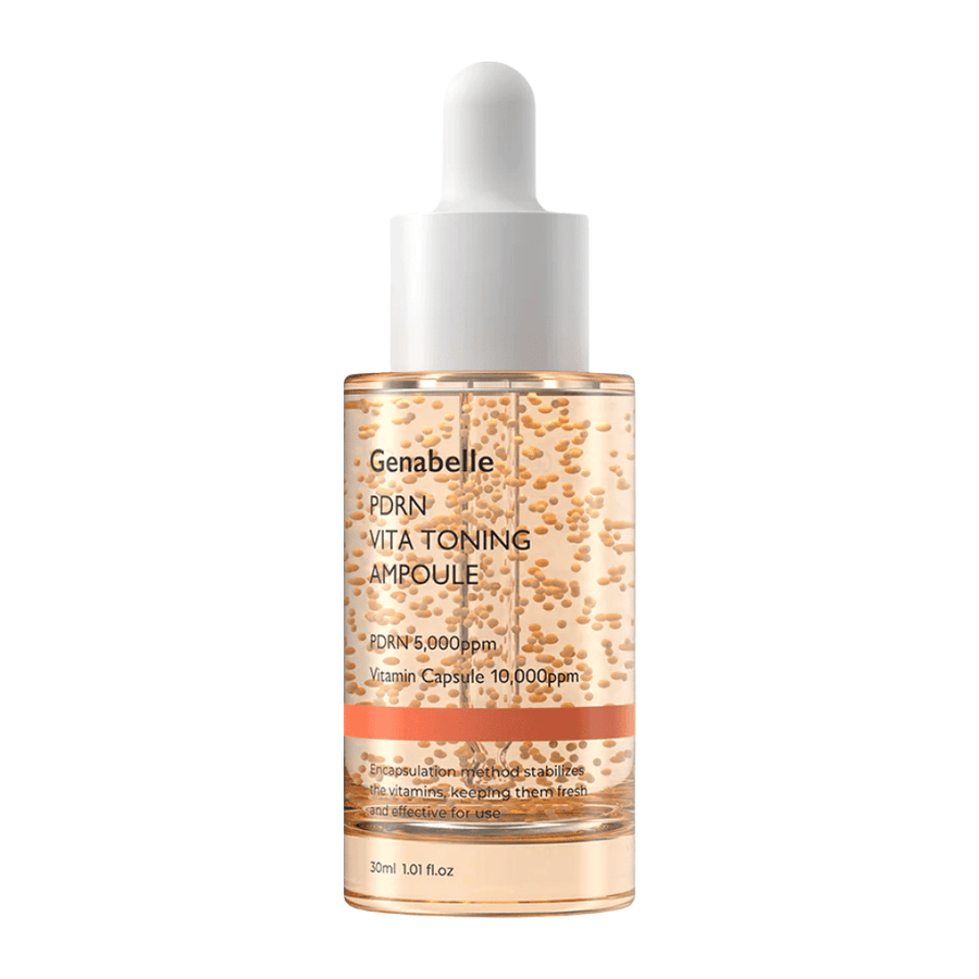 Imagen de producto recortada de Genabelle PDRN Vita Toning Ampoule en frasco de vidrio transparente con tapas de gotero blancas y cápsulas de vitaminas visibles en la fórmula del sérum.