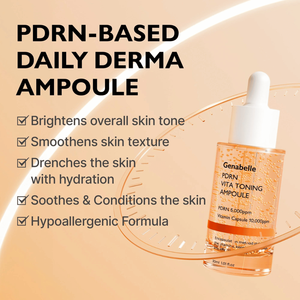 Imagen de producto de Genabelle PDRN Vita Toning Ampoule con texto sobre hidratación, tono de piel más uniforme y propiedades calmantes para piel sensible con fórmula hipoalergénica.