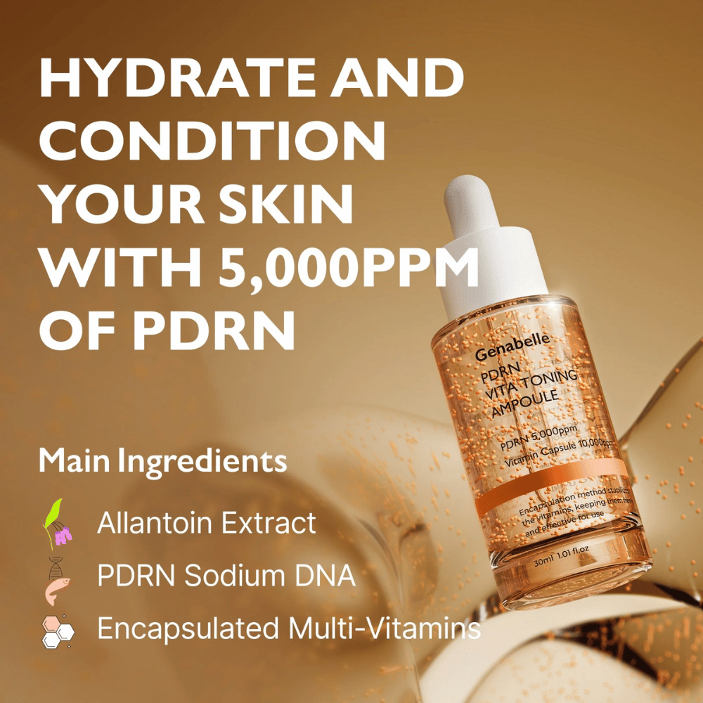 Imagen promocional de Genabelle PDRN Vita Toning Ampoule con enfoque en la hidratación y PDRN 5000 ppm, así como ingredientes como cápsulas de vitaminas y Sodium DNA para glow y cuidado de la piel.