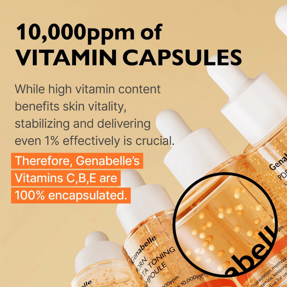 Genabelle PDRN Vita Toning Ampoule con vitaminas encapsuladas en el sérum que destacan una fórmula iluminadora con vitaminas C, B y E para glow y vitalidad de la piel.