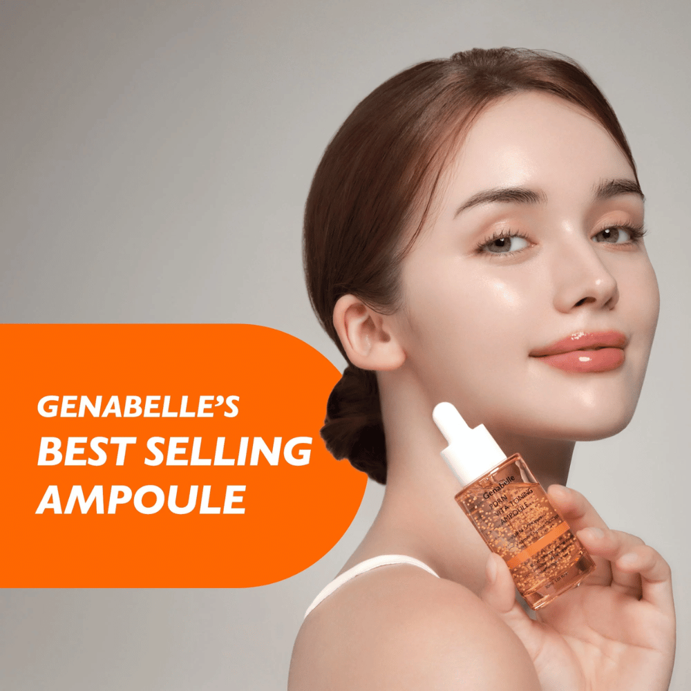 Modelo sostiene Genabelle PDRN Vita Toning Ampoule junto al rostro con enfoque en glow, luminosidad y piel hidratada de un sérum coreano con cápsulas de vitaminas y PDRN.