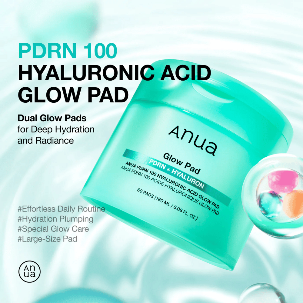 Anua PDRN 100 Hyaluronic Acid Glow Pad en tarro turquesa con texto que destaca hidratación, resplandor y gran tamaño de almohadillas - diseñado para hidratación diaria y brillo.