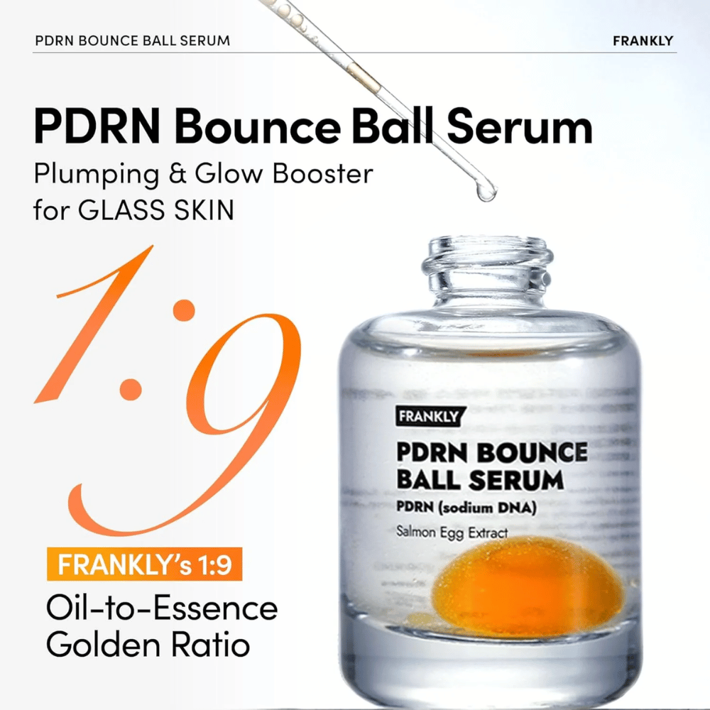 FRANKLY PDRN Bounce Ball Serum – suero hidratante y reafirmante con una proporción única de aceite a esencia de 1:9 para un efecto de piel de cristal.