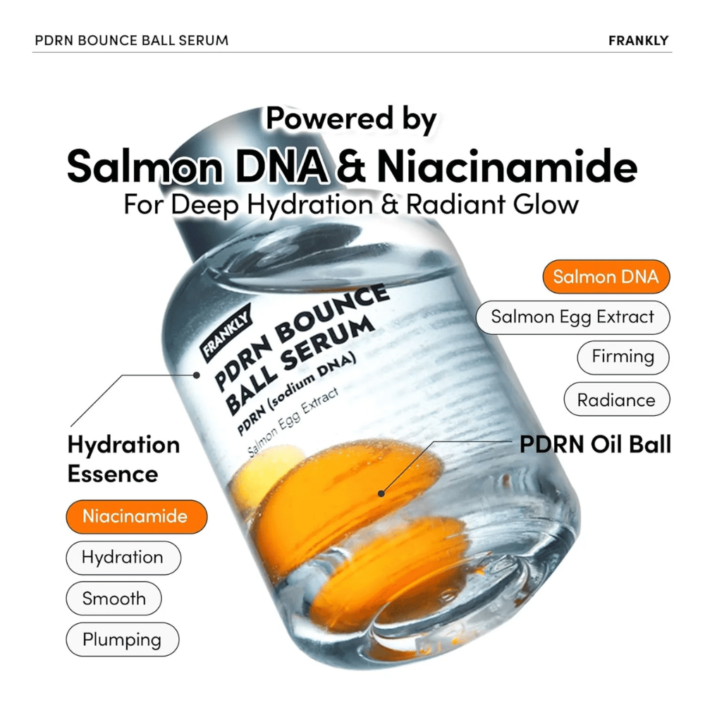 FRANKLY PDRN Bounce Ball Serum con ADN de salmón y niacinamida – hidratación profunda, firmeza y brillo radiante.