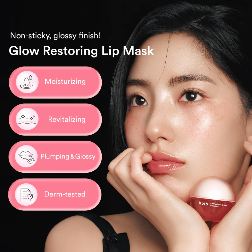 Mujer con labios brillantes sostiene un tarro rosa Abib PDRN Collagen Lip Mask. Texto a la izquierda enumera Ventajas: hidratante, revitalizante, voluminizador y brillante así como dermatológicamente probado.