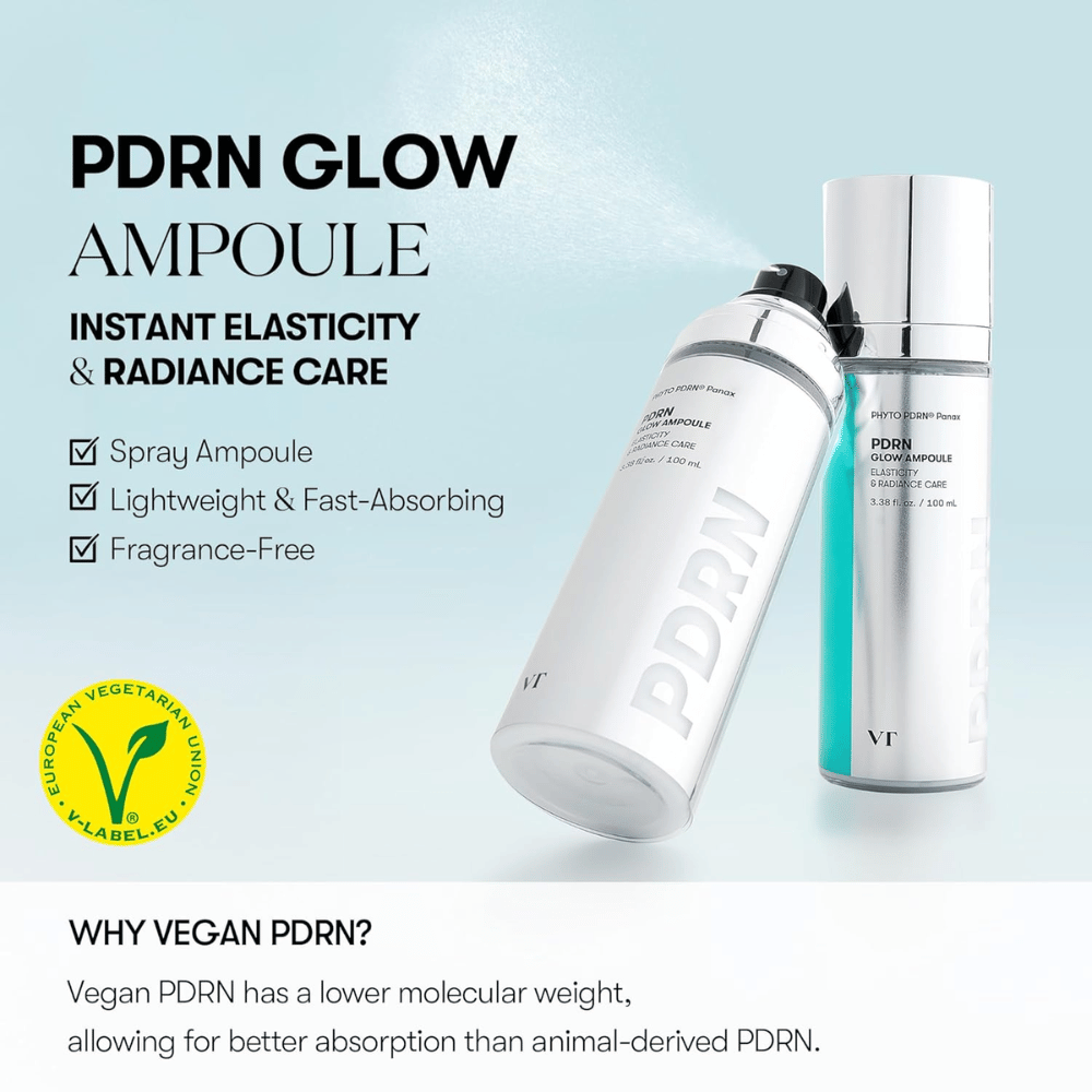 Imagen de dos frascos de VT PDRN Glow Ampoule, un frasco de spray y un frasco con bomba, con información sobre que el producto proporciona elasticidad inmediata y brillo. El texto menciona que el producto es ligero, de rápida absorción y sin fragancia, y que contiene vegan PDRN para una mejor absorción. También se ve la etiqueta V para contenido vegetariano.