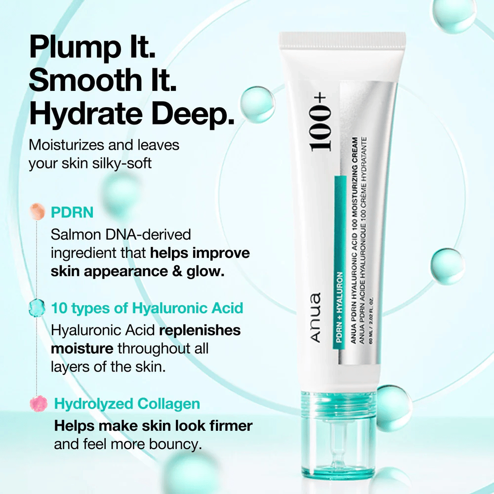 Anua PDRN Hyaluronic Acid 100 Moisturizing Cream con ácido hialurónico, PDRN y colágeno – hidrata, alisa y fortalece la piel.