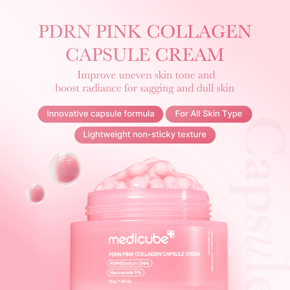 Frasco rosa con Medicube PDRN Pink Collagen Capsule Cream, rodeado de burbujas similares a cápsulas y texto que destaca las propiedades de la crema para el tono de piel desigual, el brillo y todos los tipos de piel.