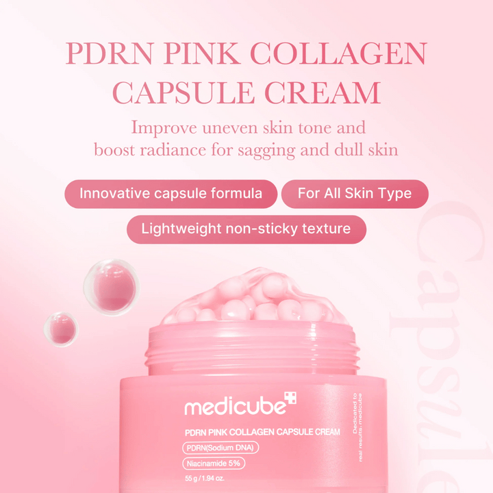 Rosa burk med Medicube PDRN Pink Collagen Capsule Cream, omgiven av kapselliknande bubblor och text som lyfter krämens egenskaper för ojämn hudton, lyster och alla hudtyper.