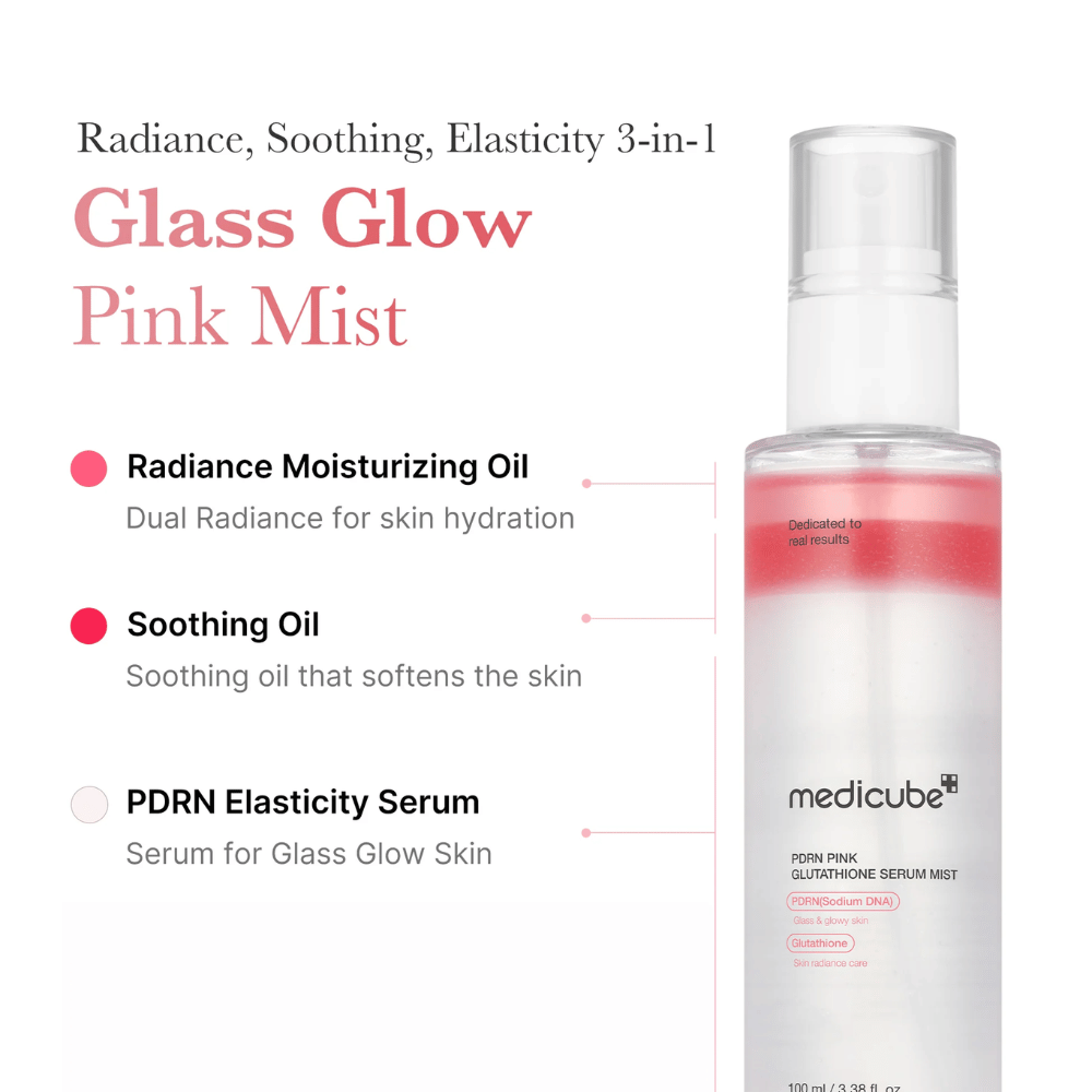 Imagen del producto de Medicube PDRN Pink Glutathione Serum Mist con tres capas: aceite hidratante, aceite calmante y sérum de PDRN para brillo, elasticidad y piel suave.