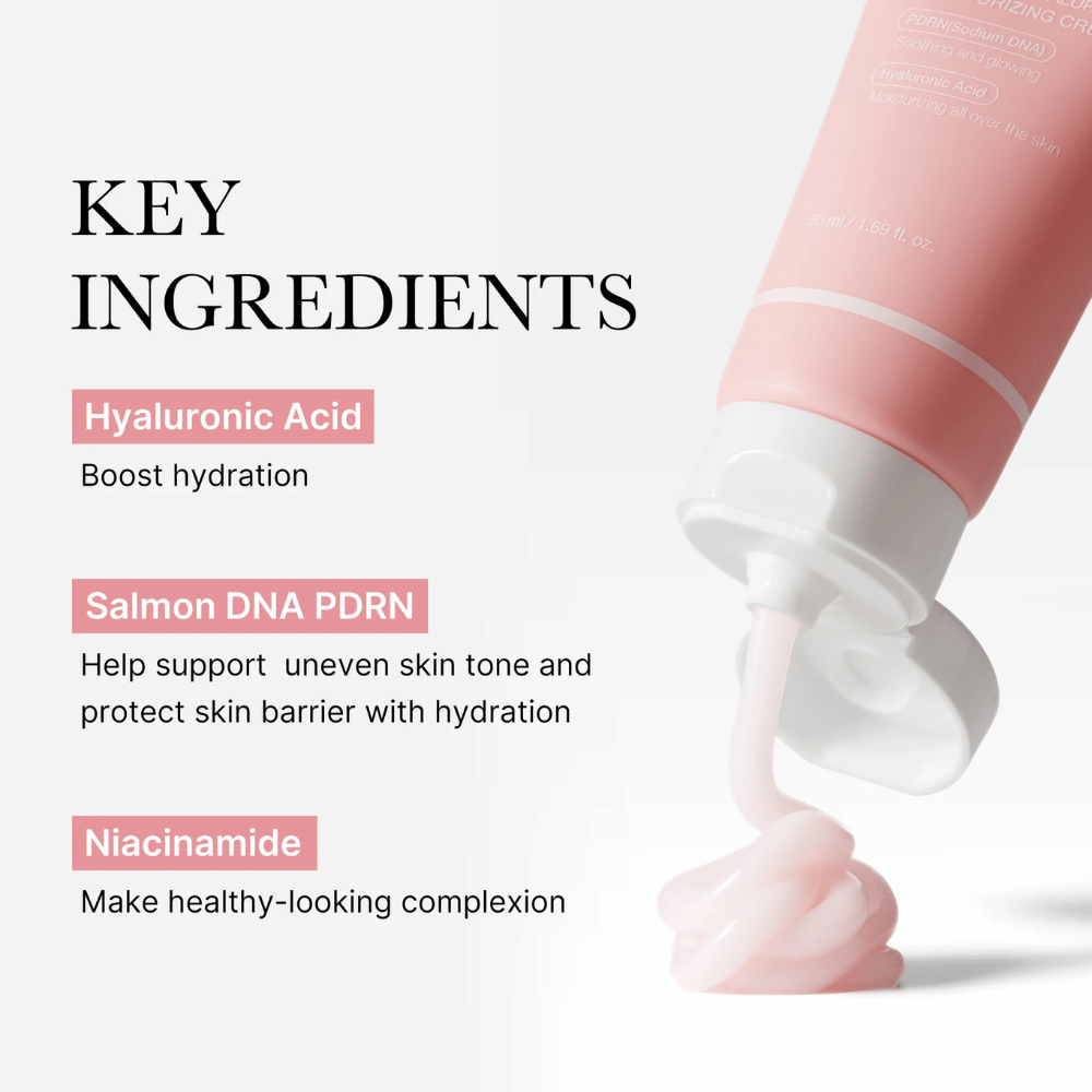 Medicube PDRN Pink Hyaluronic Moisturizing Cream con los ingredientes clave ácido hialurónico, ADN de salmón PDRN y niacinamida, mostrado con crema rosa del tubo.