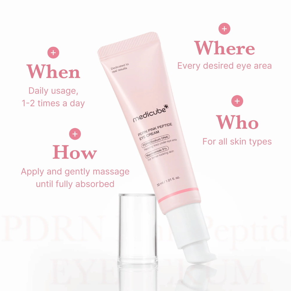 Medicube PDRN Pink Peptide Eye Cream, tubo de 30 ml. Crema para los ojos con PDRN y 5% de niacinamida. Se usa 1-2 veces al día alrededor de los ojos. Apto para todo tipo de piel.