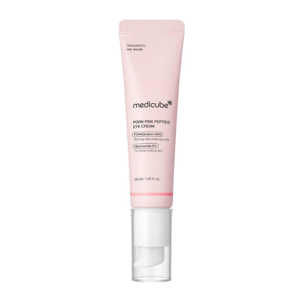 Medicube PDRN Pink Peptide Eye Cream en tubo rosa, 30 ml. Crema para los ojos con PDRN y 5% de niacinamida que revitaliza la piel cansada bajo los ojos y proporciona una apariencia más firme.