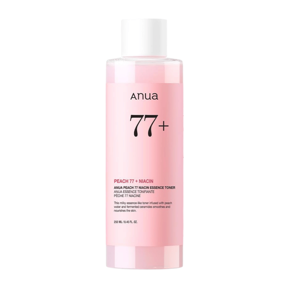 Anua Peach 77 Niacin Essence Toner en una botella rosa transparente con tapa blanca, que contiene 250 ml de tónico lechoso para un tono de piel más uniforme y luminoso.