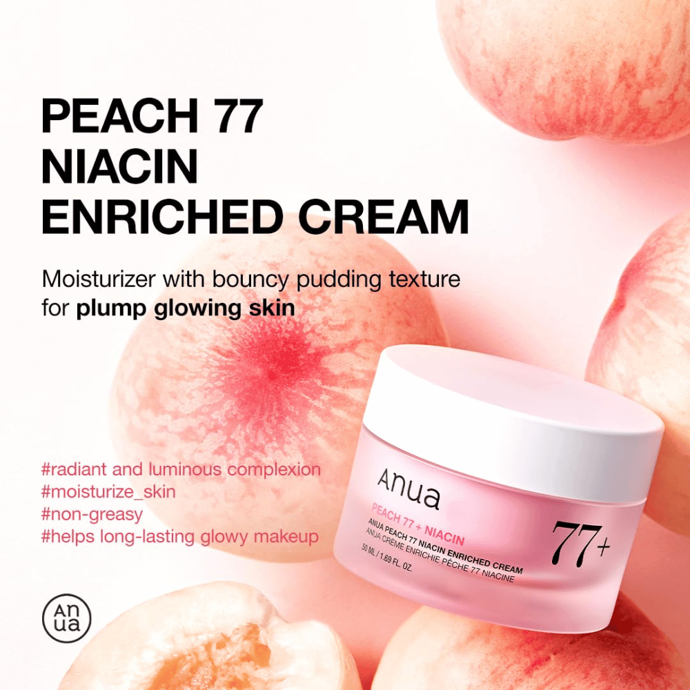 Anua Peach 77% Niacin Enriched Cream – crema hidratante con textura de pudín que proporciona brillo y plenitud con un 77 % de extracto de durazno.