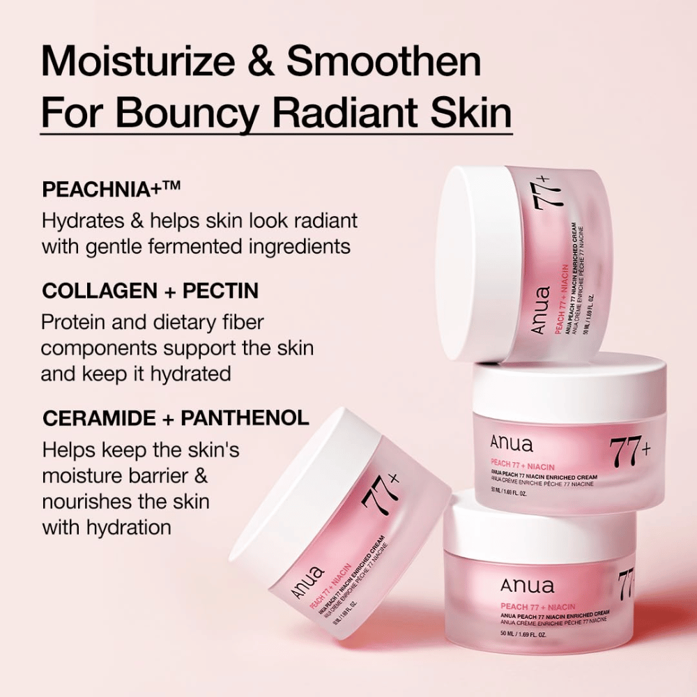 Anua Peach 77% Niacin Enriched Cream con PEACHNIA™, colágeno, pectina, ceramida y pantenol para una piel hidratada y flexible.
