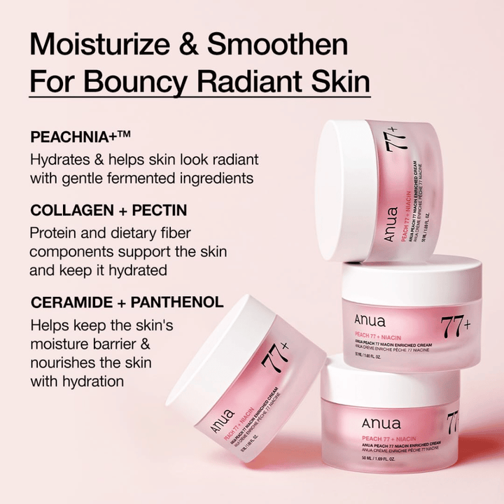 Anua Peach 77% Niacin Enriched Cream con PEACHNIA™, colágeno, pectina, ceramida y pantenol para una piel hidratada y flexible.