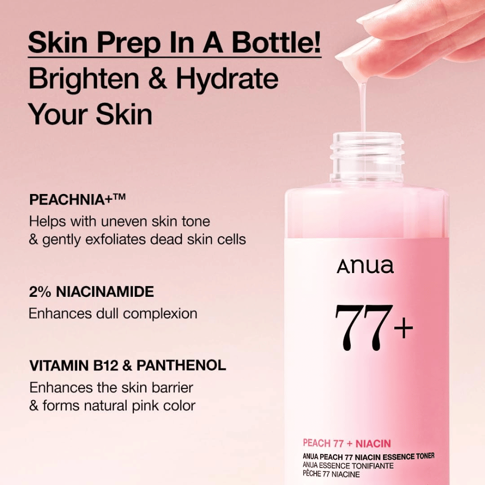 Anua Peach 77 Niacin Essence Toner en botella rosa, con texto que destaca PEACHNIA+, 2 % de niacinamida y vitamina B12 y pantenol para iluminar la piel y fortalecer la barrera.
