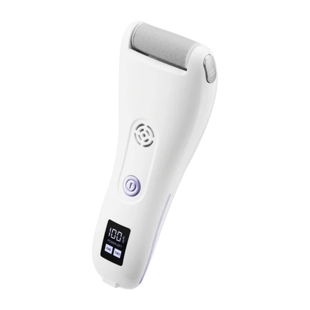 9. BAREN Pedi Mate Dual Power Vacuum Type Electric Callus Remover – lima eléctrica recargable para pies blanca con pantalla digital y detalles morados