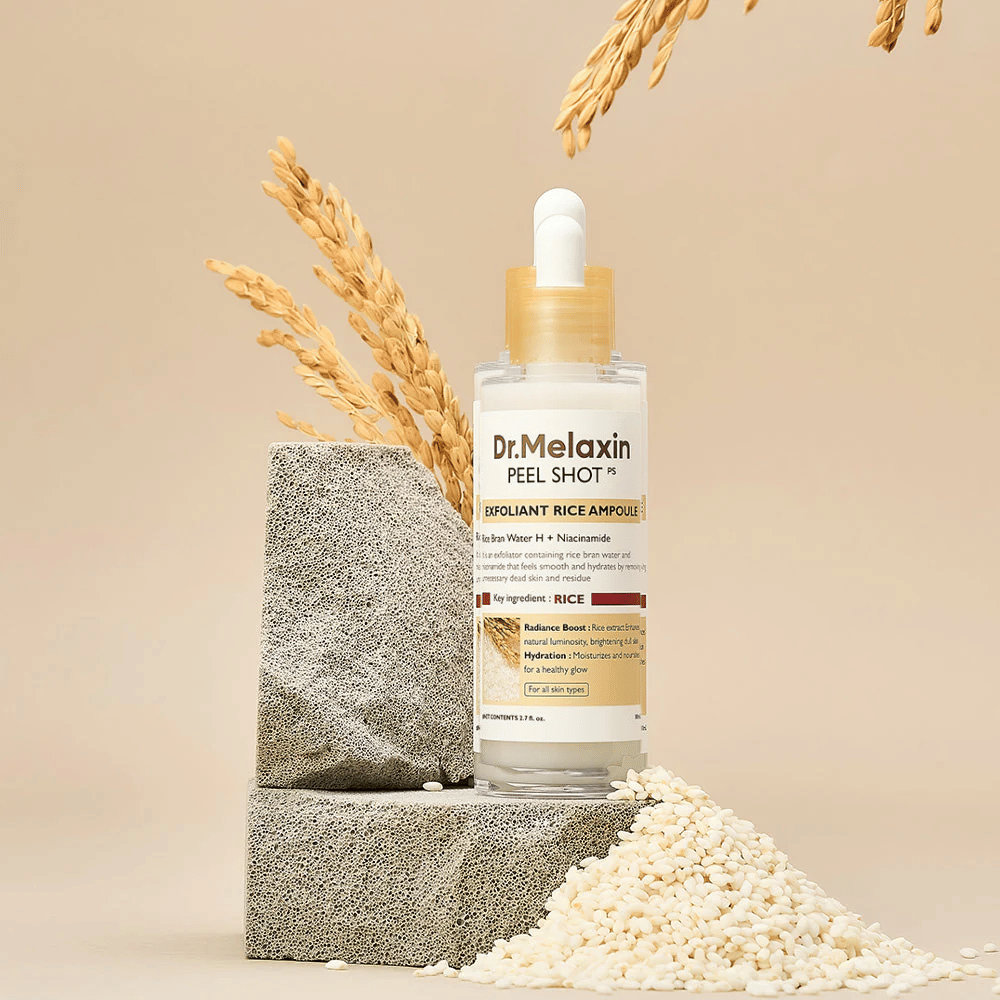 Dr.Melaxin Peel Shot Exfoliante Rice Ampoule colocado con arroz y bloques de piedra, ampolla exfoliante coreana con extracto de arroz y niacinamida para una piel más clara y suave.