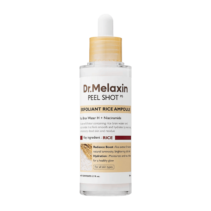 Dr.Melaxin Peel Shot Exfoliante Rice Ampoule en vista completa sobre fondo blanco, suero facial exfoliante con extracto de arroz y niacinamida para un tono de piel más uniforme y mayor luminosidad.