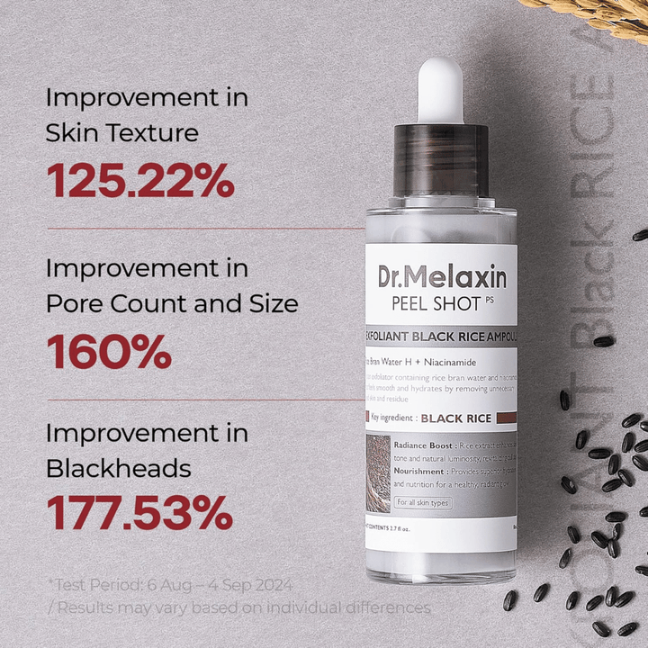 Dr.Melaxin Peel Shot Black Rice Ampoule mejora la textura de la piel, reduce los poros y disminuye los puntos negros